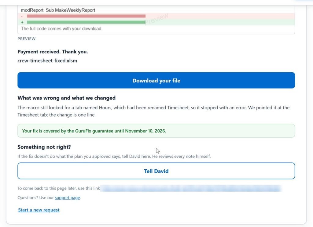 Payment received: the Download your file button for crew-timesheet-fixed.xlsm, what was wrong and what we changed, the guarantee date and the Something not right? button.