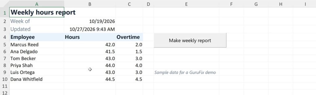 The Excel weekly hours report filled in: each employee's hours and overtime for the week of 10/19/2026, beside the Make weekly report button.